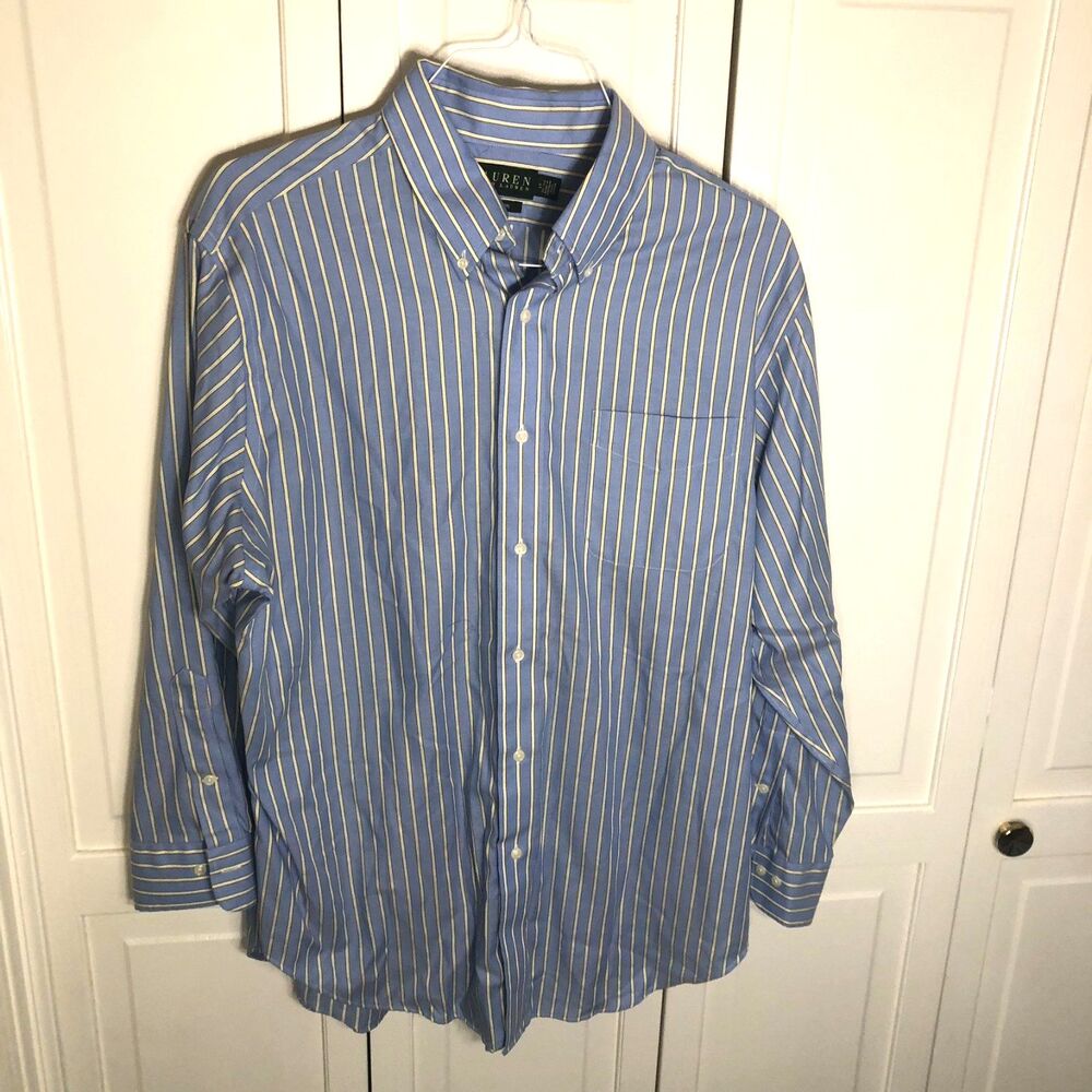 Ralph Lauren Men's Dress Shirt Size 17 32/33 Blue Yellow Stripe Non Iron